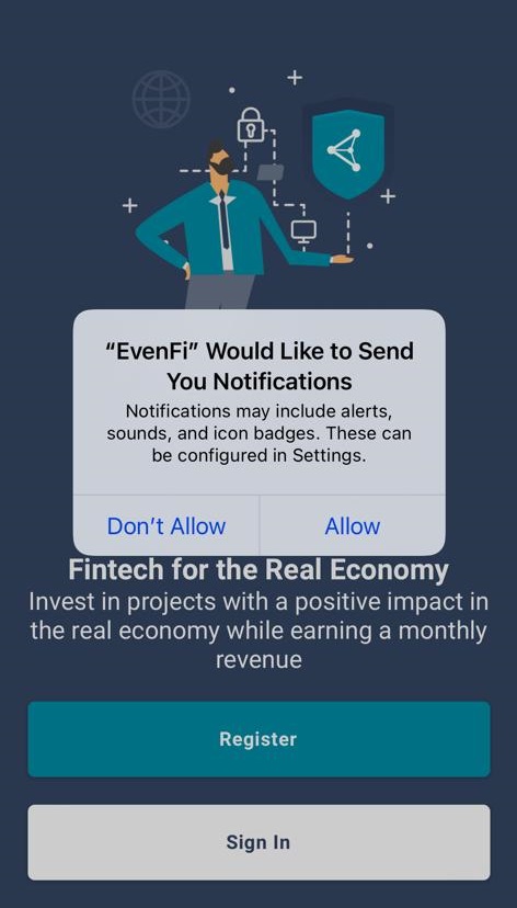 The EvenFi mobile app allows users to register an account, and to deposit, invest, and withdraw funds