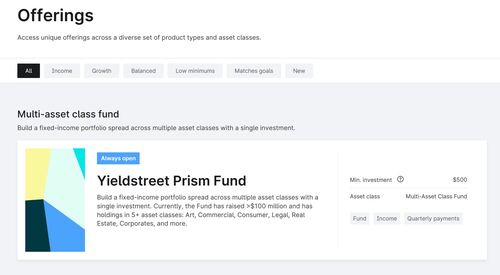 Yieldstreet offers several loan types, including short-term notes, real-estate, and diversified funds